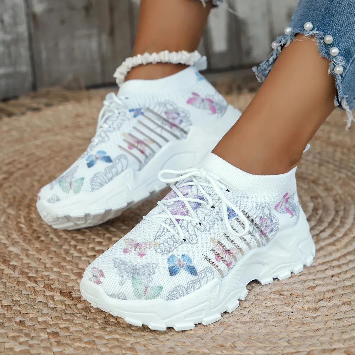 2025 Women's Single Shoe Platform Jogging Outdoor Anti Slip Lace Up Summer Mesh Breathable Thick Soled Casual Vulcanized Shoes