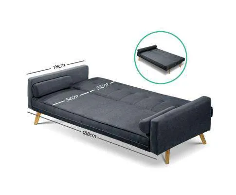3 Seater Fabric Sofa Bed - Charcoal