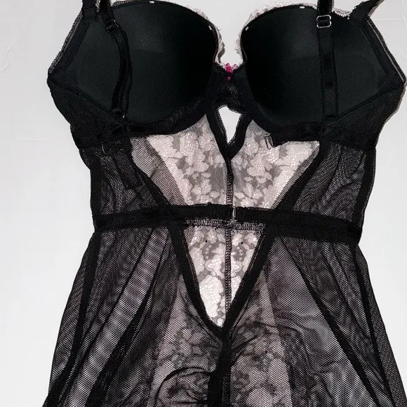 34C VS Victoria’s Secret Corset Dream Angels Black soft pink lace garter slip