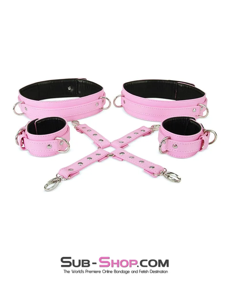 9945M-SIS      Pink Padded Sissy Boi Bondage Belt, Feminization Sissy Maid Thigh Cuffs, Wrist Cuffs and Connector Strap