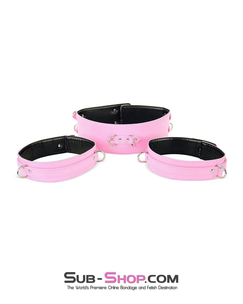 9945M-SIS      Pink Padded Sissy Boi Bondage Belt, Feminization Sissy Maid Thigh Cuffs, Wrist Cuffs and Connector Strap