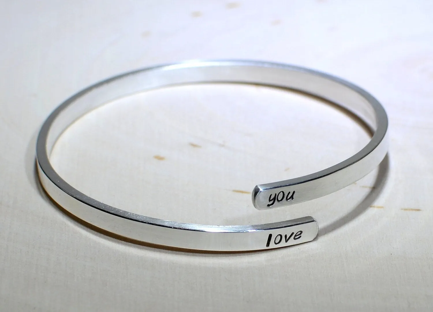 Adjustable Sterling Silver Bangle stamped with I Love You or your personalized requests