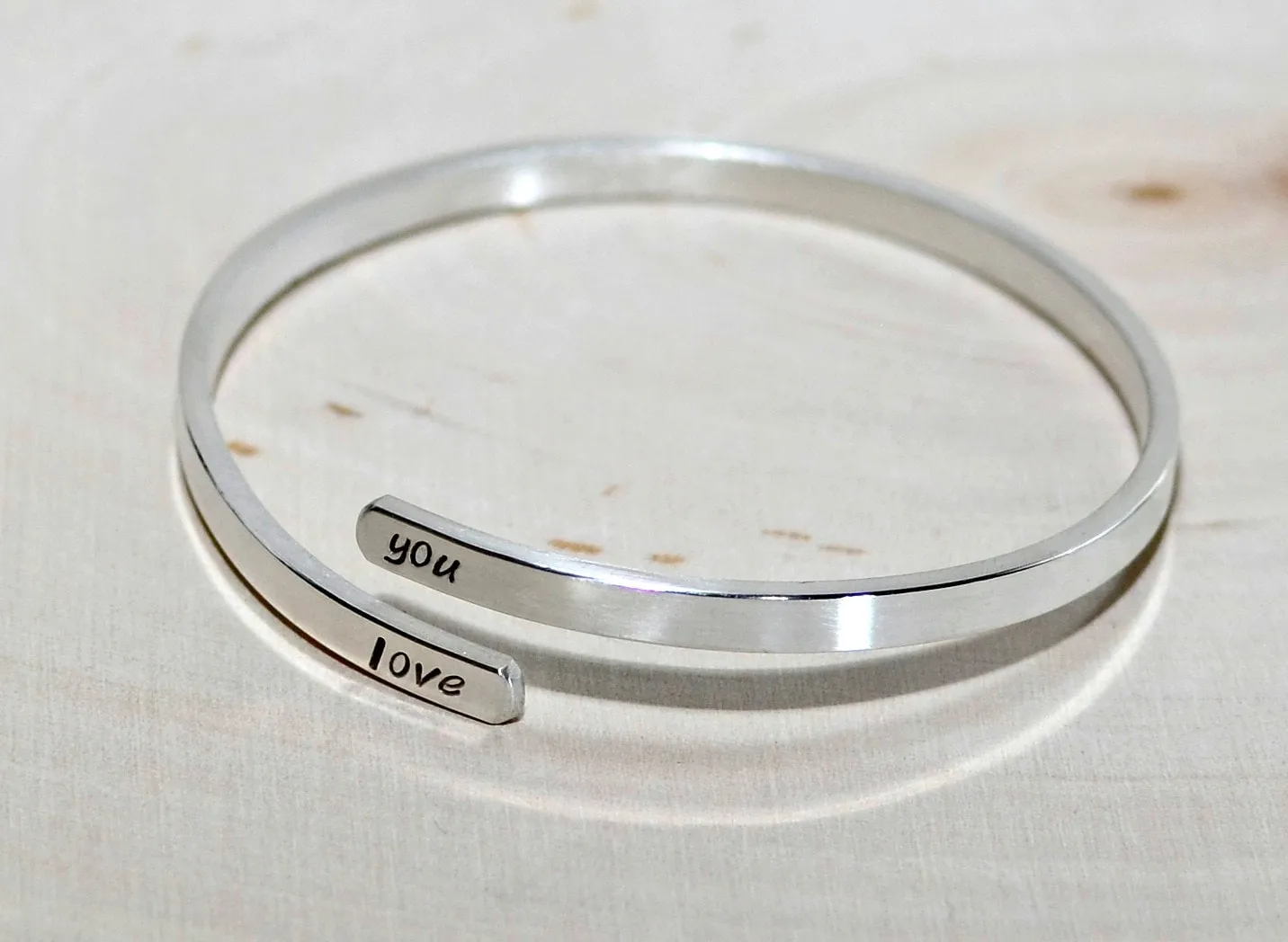 Adjustable Sterling Silver Bangle stamped with I Love You or your personalized requests