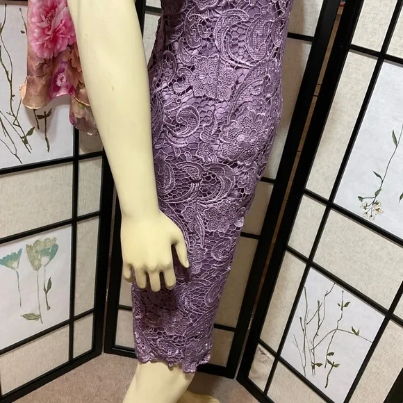 Adrianna Papell Purple Lace Sleeveless Sheath Dress with Built-In Bra Size 4