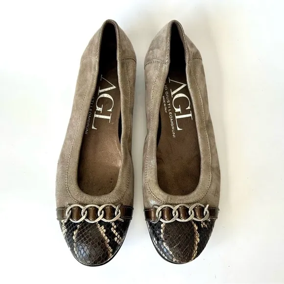 AGL Ginger Snakeskin Cap Toe Metallic Ballet Flats Taupe size 9.5 / 39.5