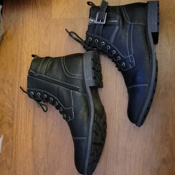 Amapo men's Black oxford boot mid top ankle motorcycle laceup side zip 12 …New