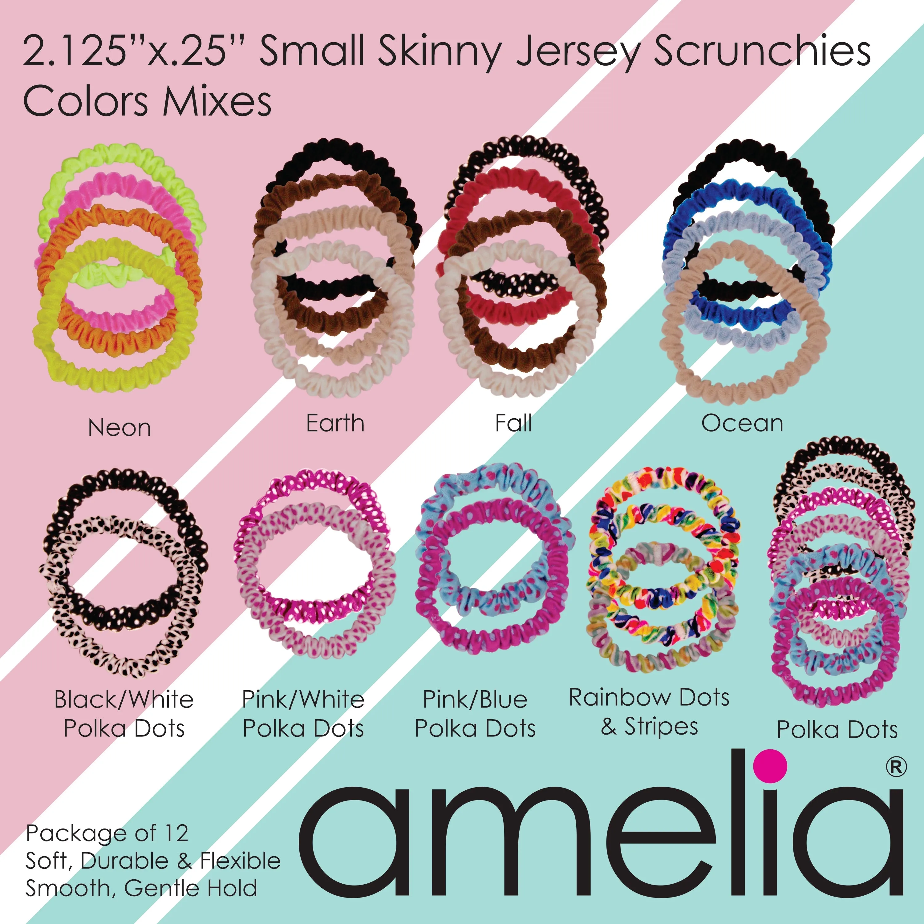 Amelia Beauty, Neon Yellow Skinny Jersey Scrunchies, 2.125in Diameter, Gentle on Hair, Strong Hold, No Snag, No Dents or Creases. 12 Pack