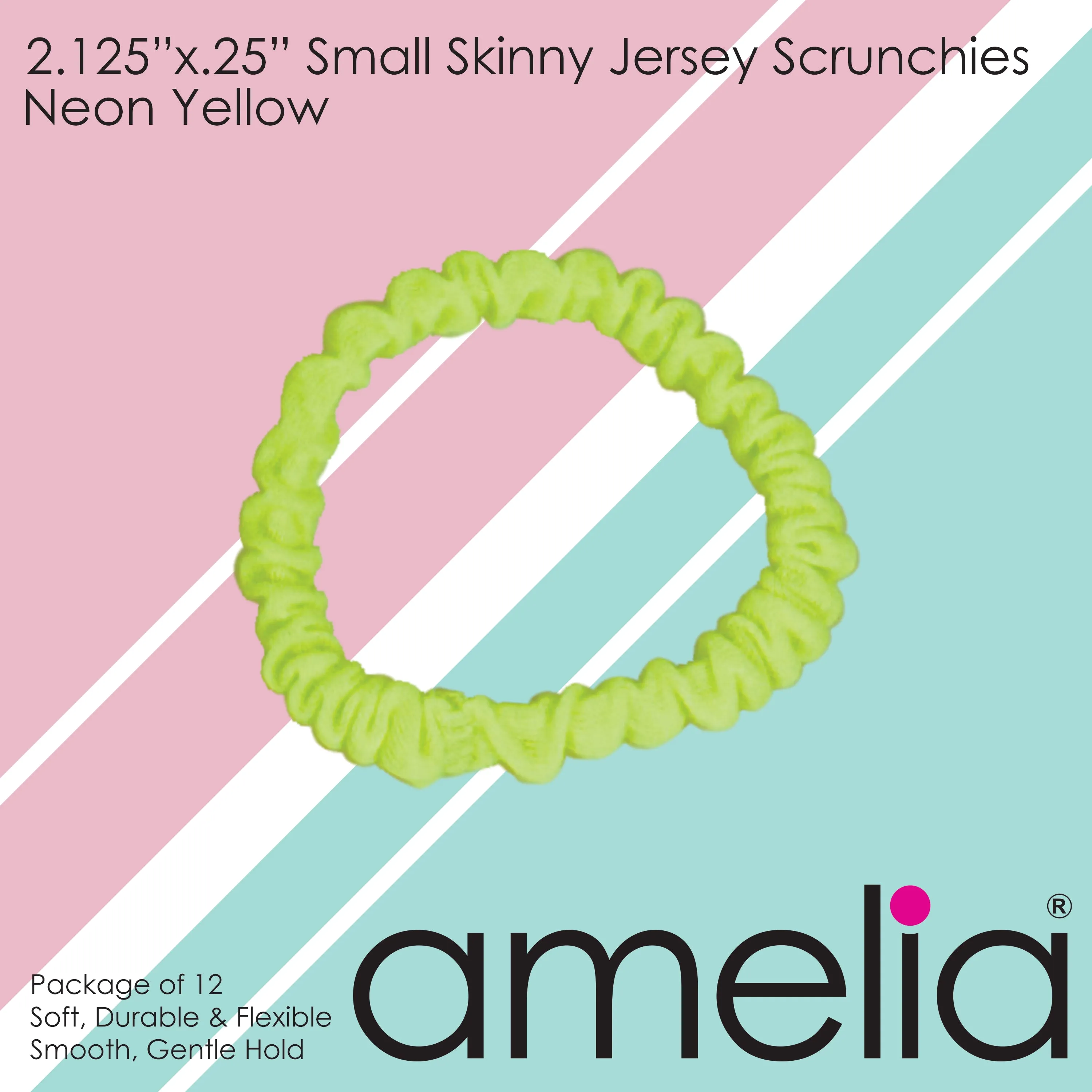 Amelia Beauty, Neon Yellow Skinny Jersey Scrunchies, 2.125in Diameter, Gentle on Hair, Strong Hold, No Snag, No Dents or Creases. 12 Pack