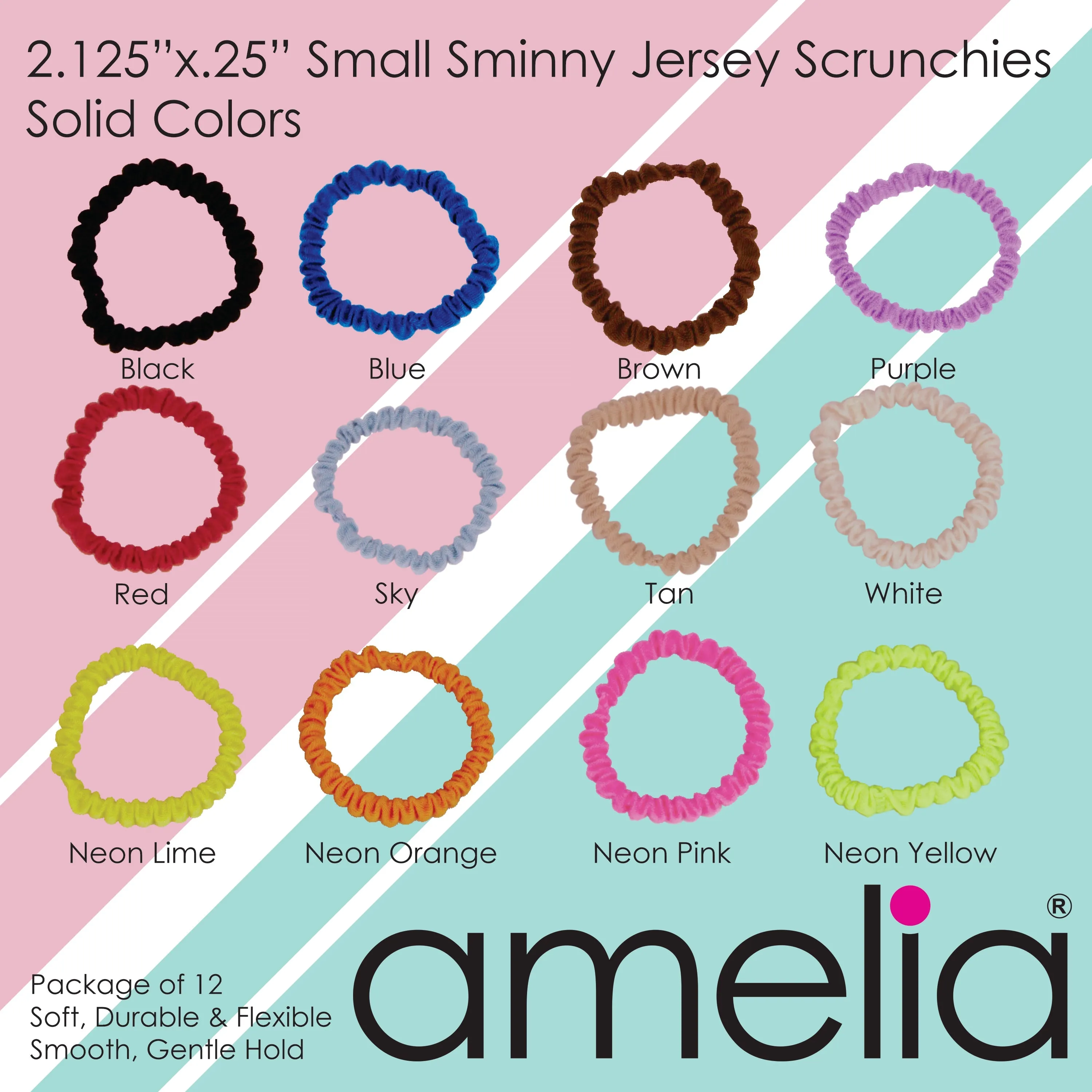 Amelia Beauty, Neon Yellow Skinny Jersey Scrunchies, 2.125in Diameter, Gentle on Hair, Strong Hold, No Snag, No Dents or Creases. 12 Pack