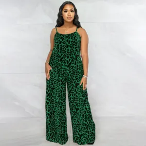 Asha Spaghetti Strap Leopard Print Wide Leg Jumpsuit