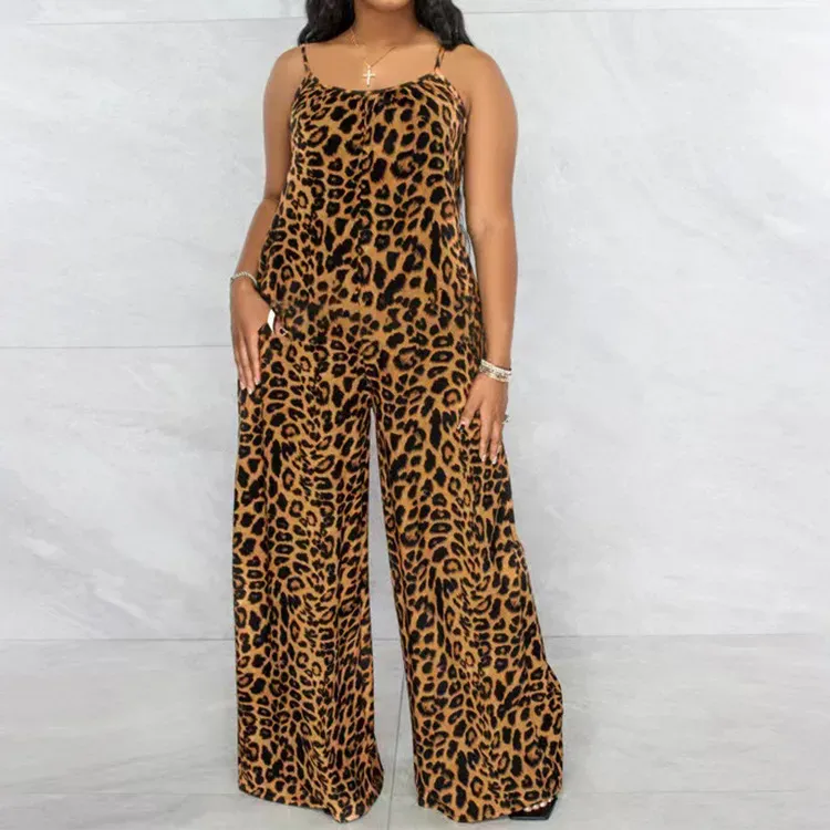 Asha Spaghetti Strap Leopard Print Wide Leg Jumpsuit