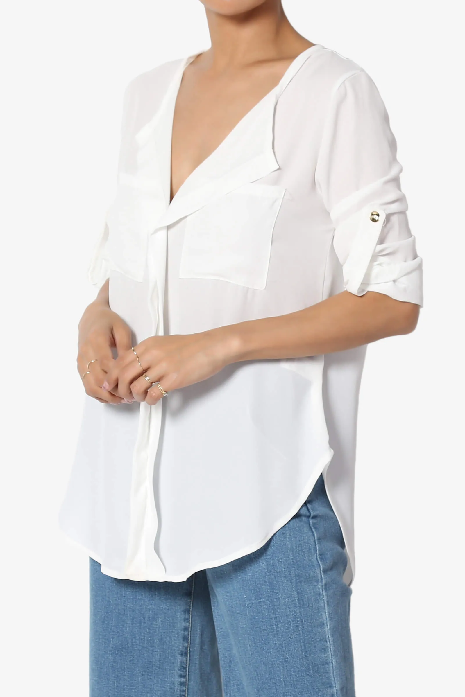 Astoria Tab Sleeve Split V-Neck Blouse