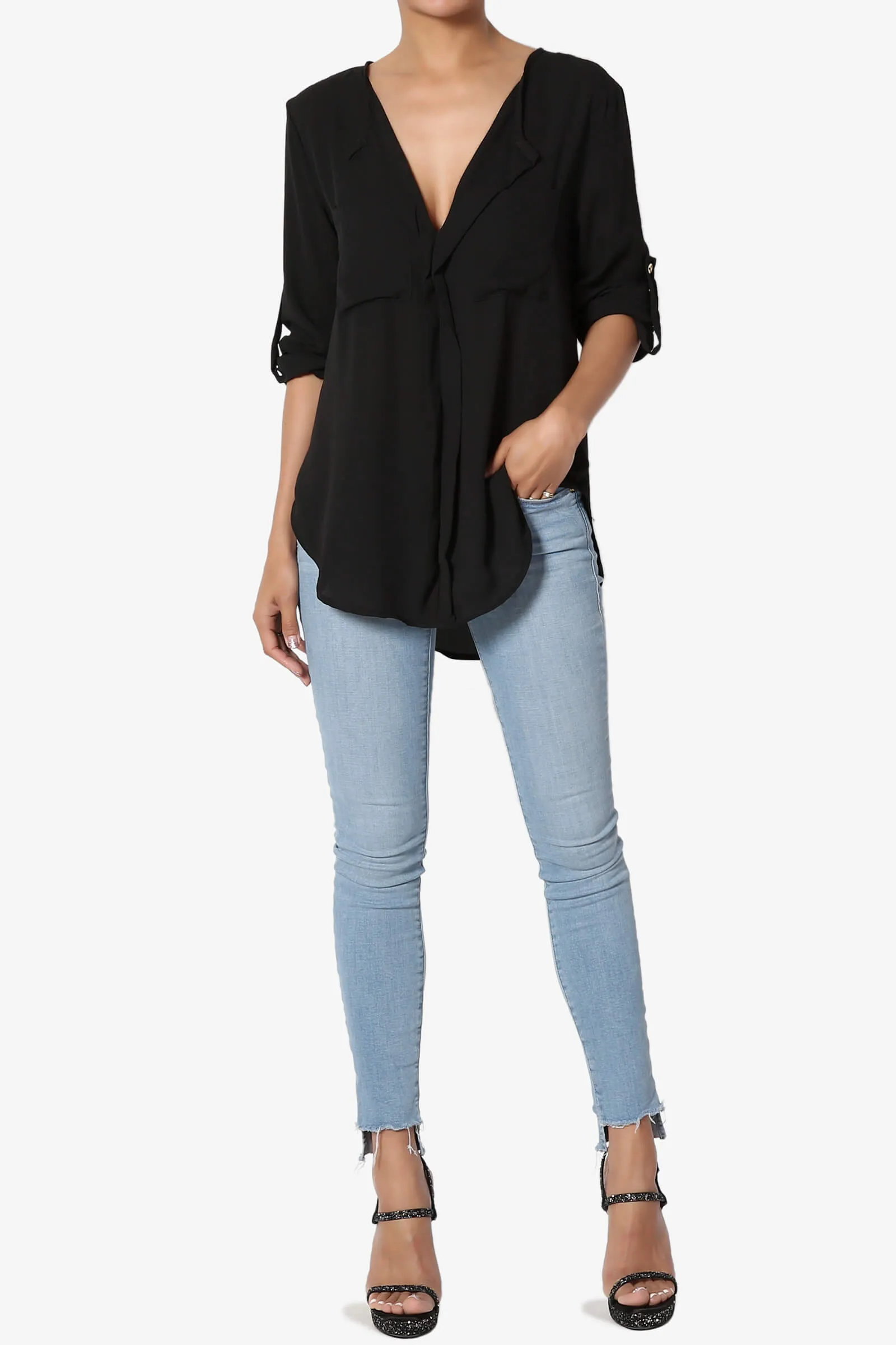 Astoria Tab Sleeve Split V-Neck Blouse