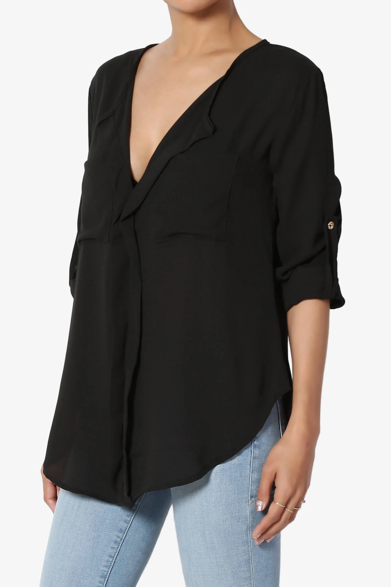 Astoria Tab Sleeve Split V-Neck Blouse