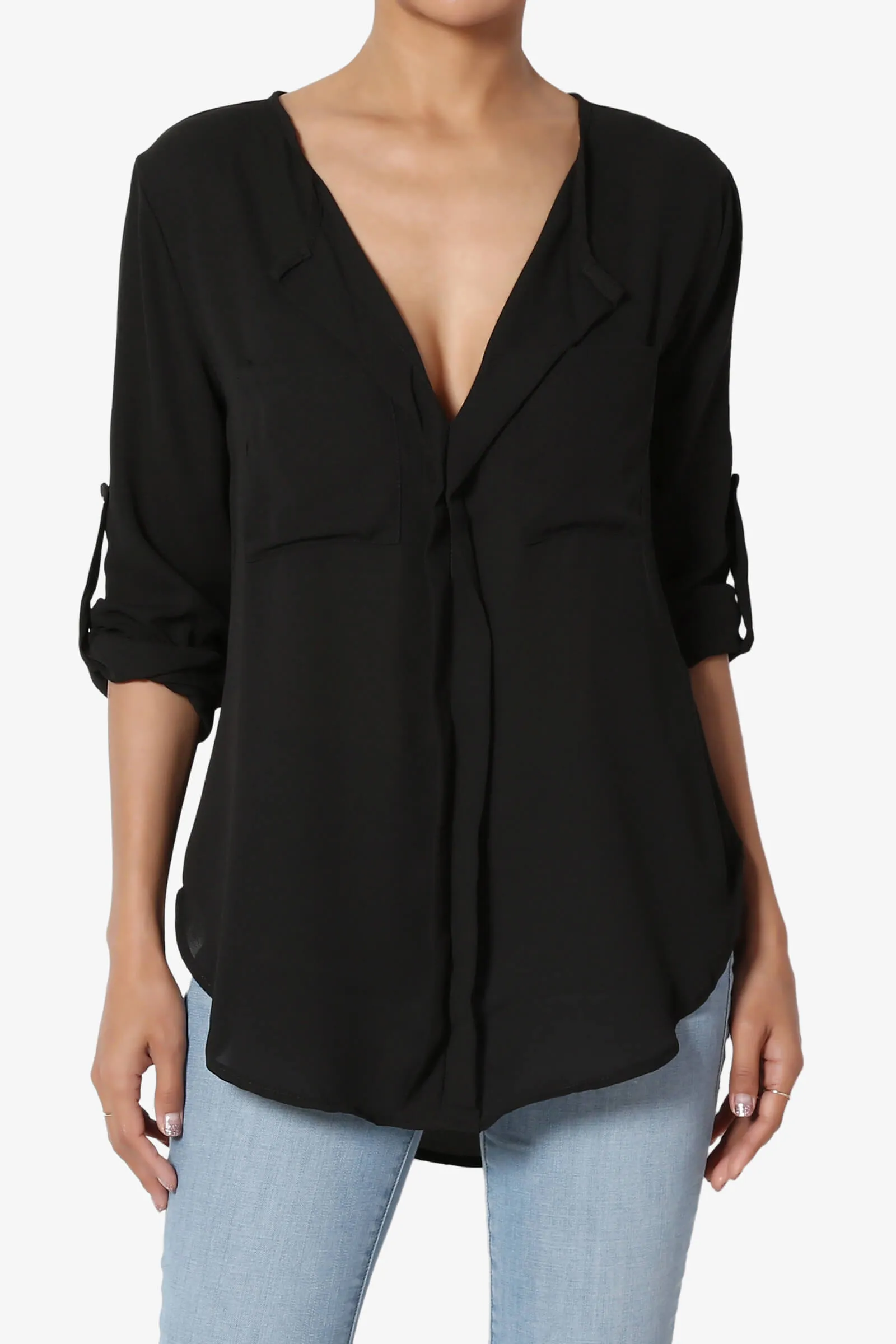 Astoria Tab Sleeve Split V-Neck Blouse