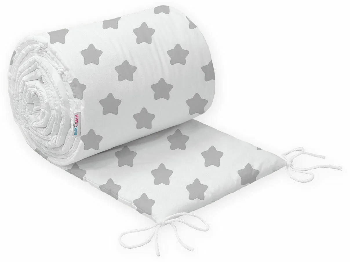 Baby Badded Bumper Big Grey Stars On White 180cm fit Cot 100% Cotton