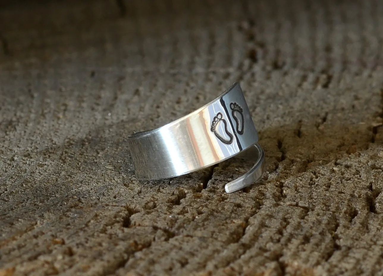 Baby Feet on Sterling Silver Wrap Ring - Bypass Ring for New Moms and Baby Showers