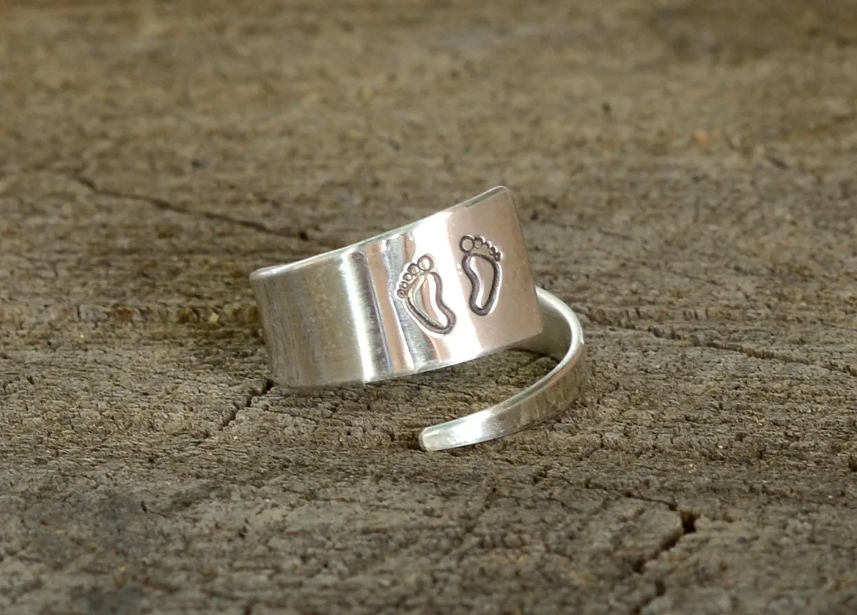 Baby Feet on Sterling Silver Wrap Ring - Bypass Ring for New Moms and Baby Showers