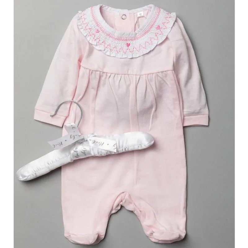 Baby Girls Smocked Cotton All In One On A Satin Padded Hanger (0-12 Months)-T20307