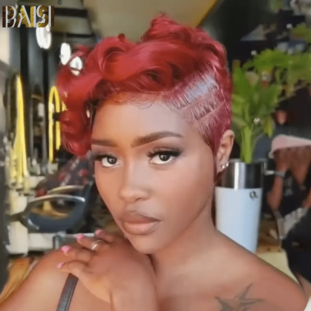 BAISI Pixie Red Side Part Short Lace Wig