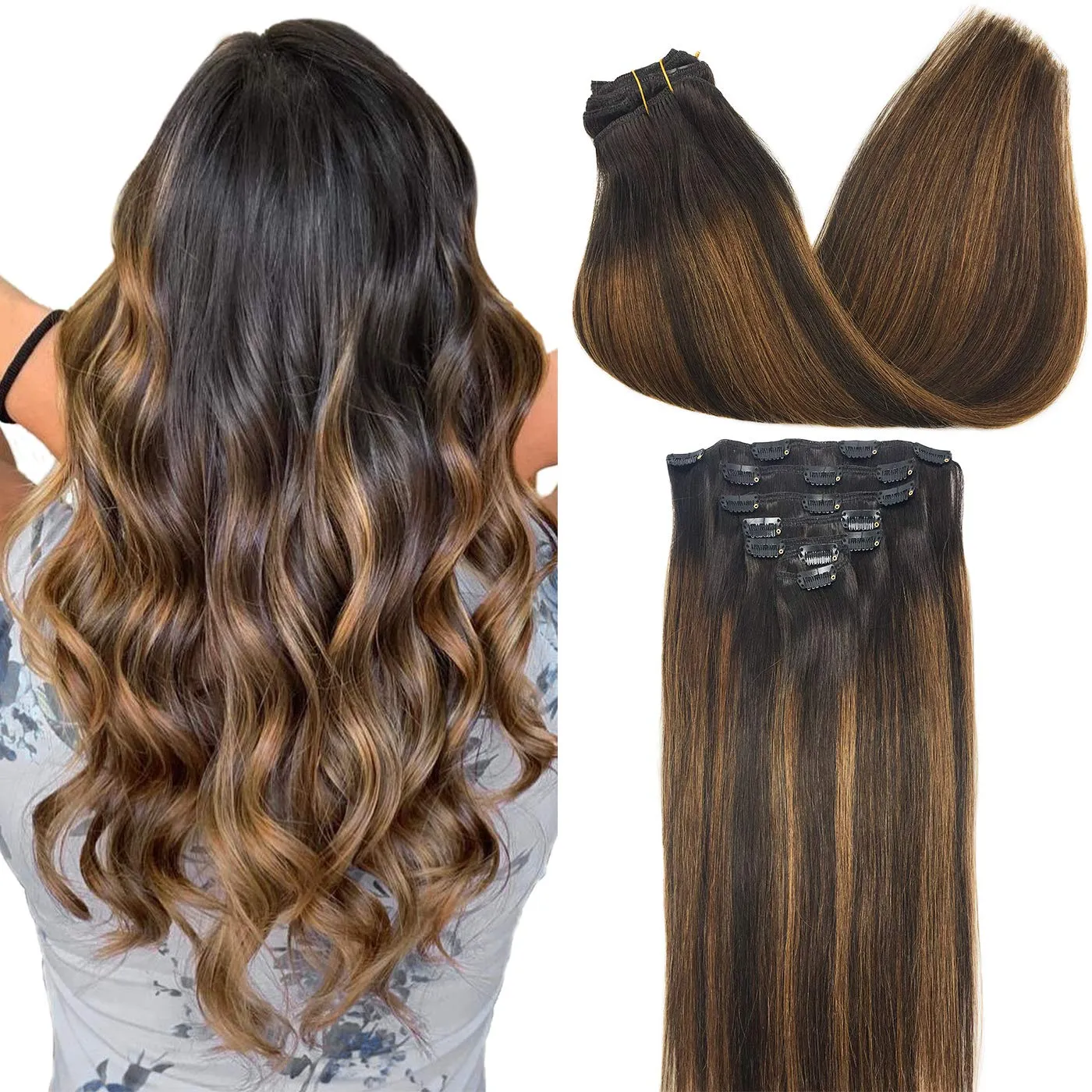 Balayage Dark Brown to Chestnut Brown 7pcs 120g Clip in Human Hair Extensions