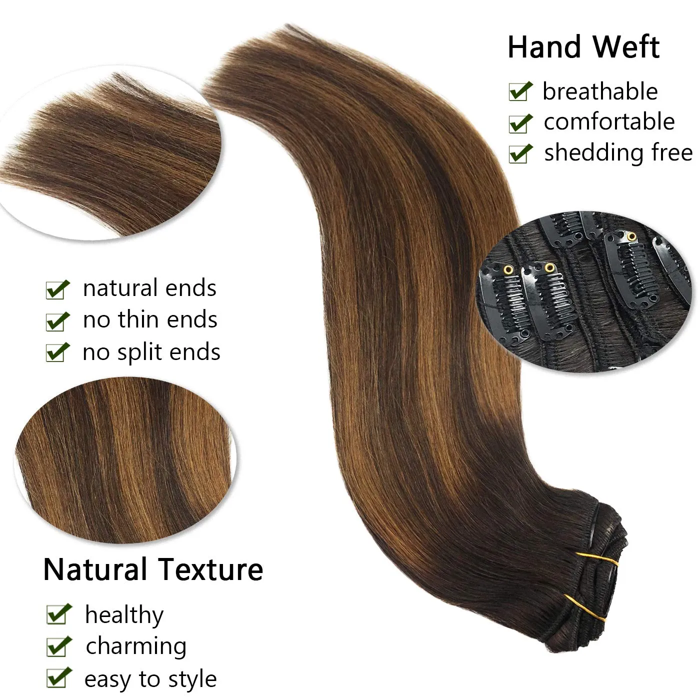 Balayage Dark Brown to Chestnut Brown 7pcs 120g Clip in Human Hair Extensions