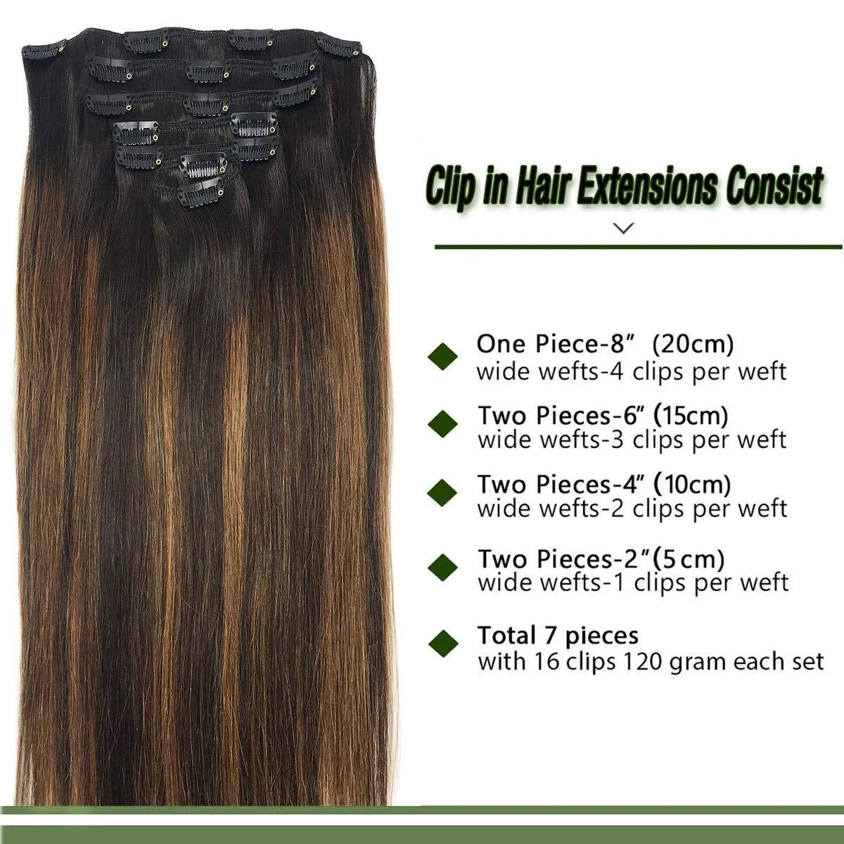 Balayage Dark Brown to Chestnut Brown 7pcs 120g Clip in Human Hair Extensions