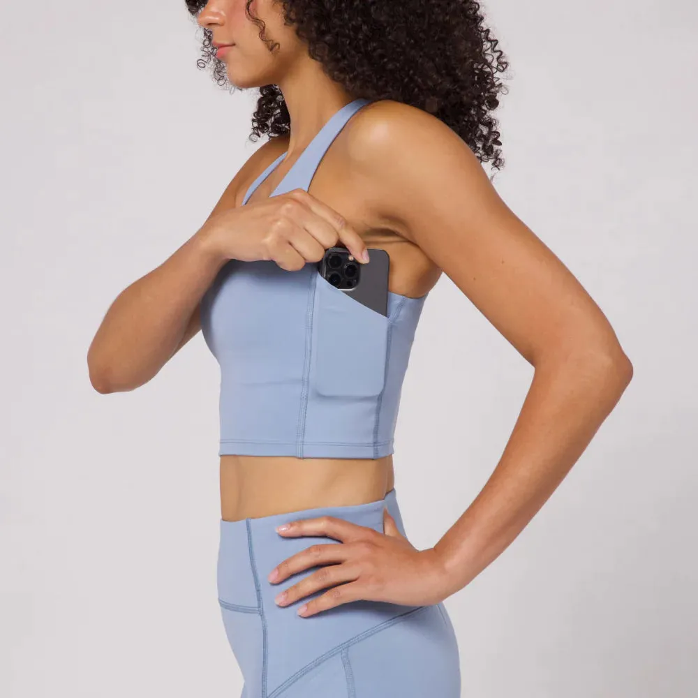 Bandit Running Stamina Scoop Neck Race Crop - Smokey Blue