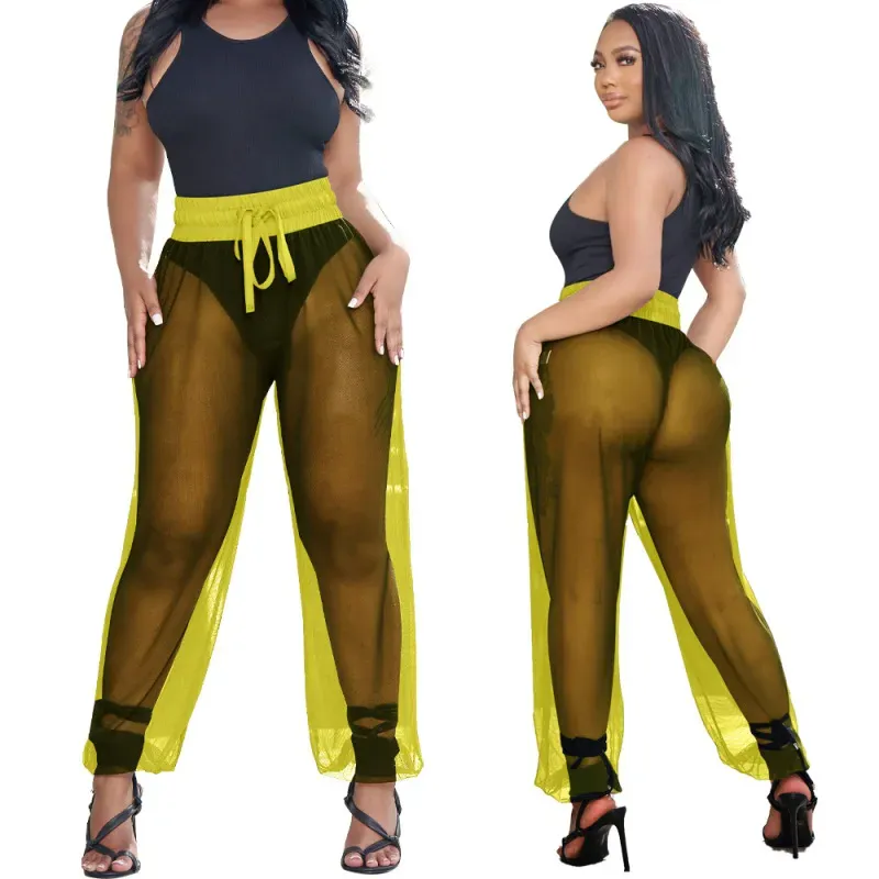 Bare All High-Waisted Sheer Mesh Wide-Leg Pants