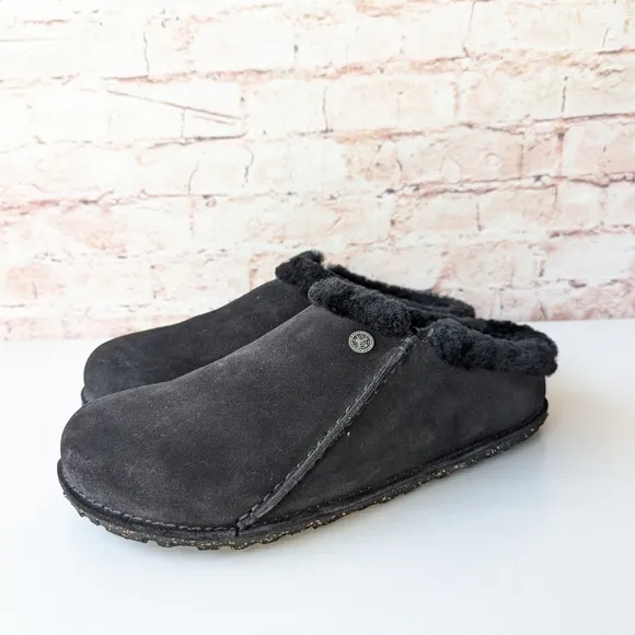Birkenstock Zermatt Genuine Shearling Lined Slipper Black Suede Slip-On Shoes