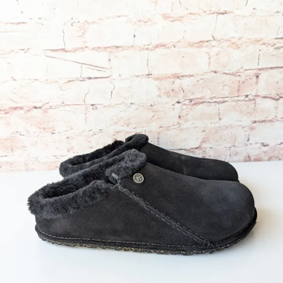 Birkenstock Zermatt Genuine Shearling Lined Slipper Black Suede Slip-On Shoes