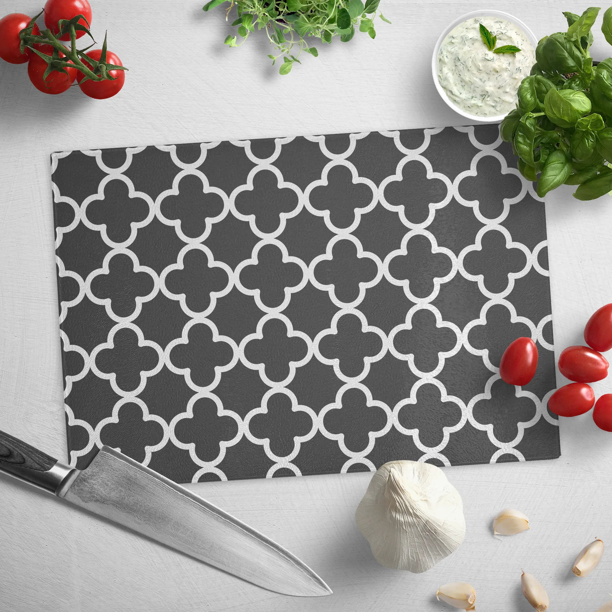 Black and White Quatrefoil Tempered Glass Cutting Board