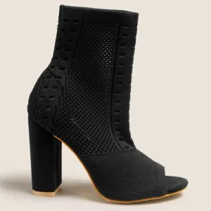 Black Chunky Heel Knitted Ankle Boots