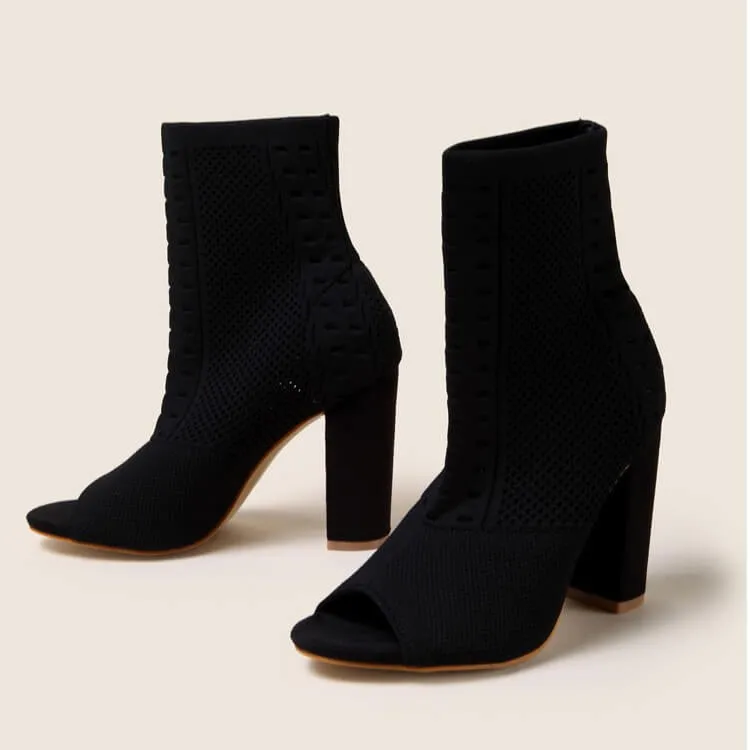 Black Chunky Heel Knitted Ankle Boots