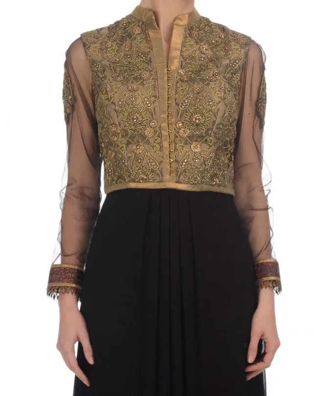 Black color long anarkali suit having golden zari work on yoke