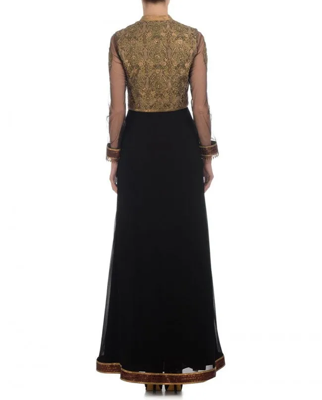 Black color long anarkali suit having golden zari work on yoke