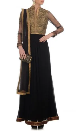 Black color long anarkali suit having golden zari work on yoke