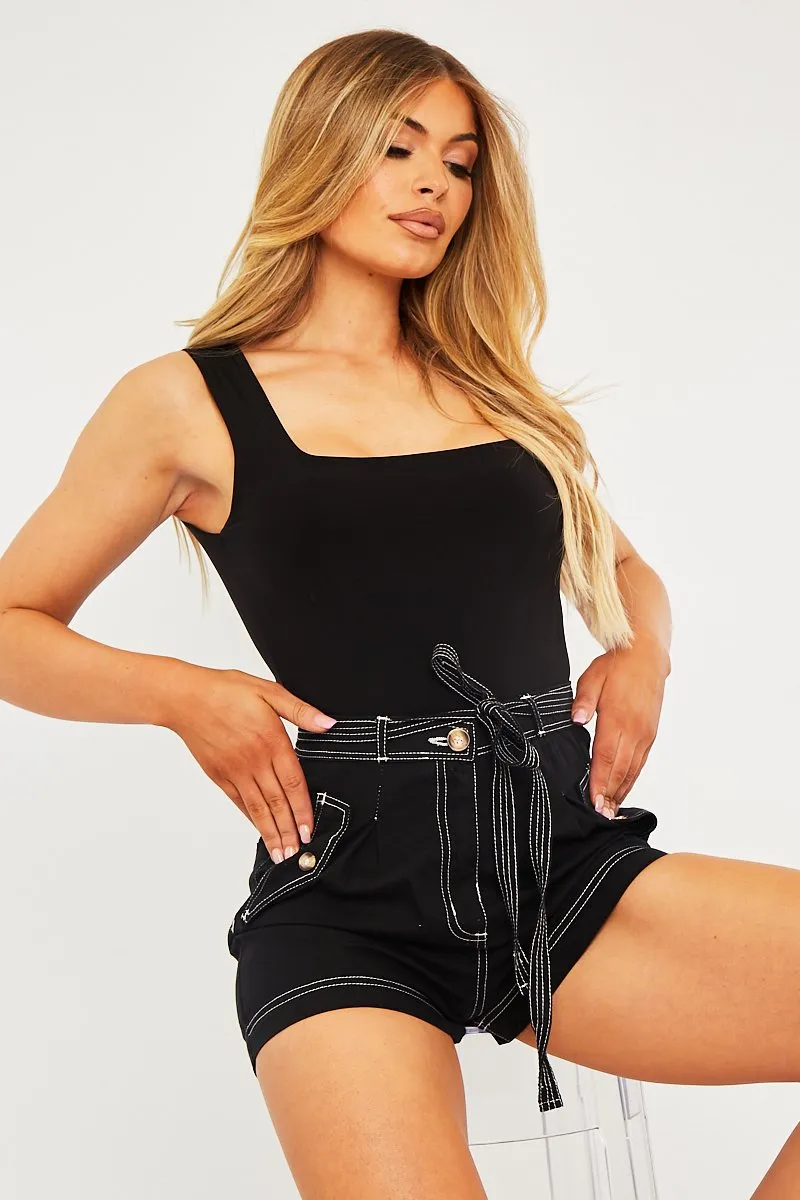 Black Contrast Stitch Belted Shorts - Michella