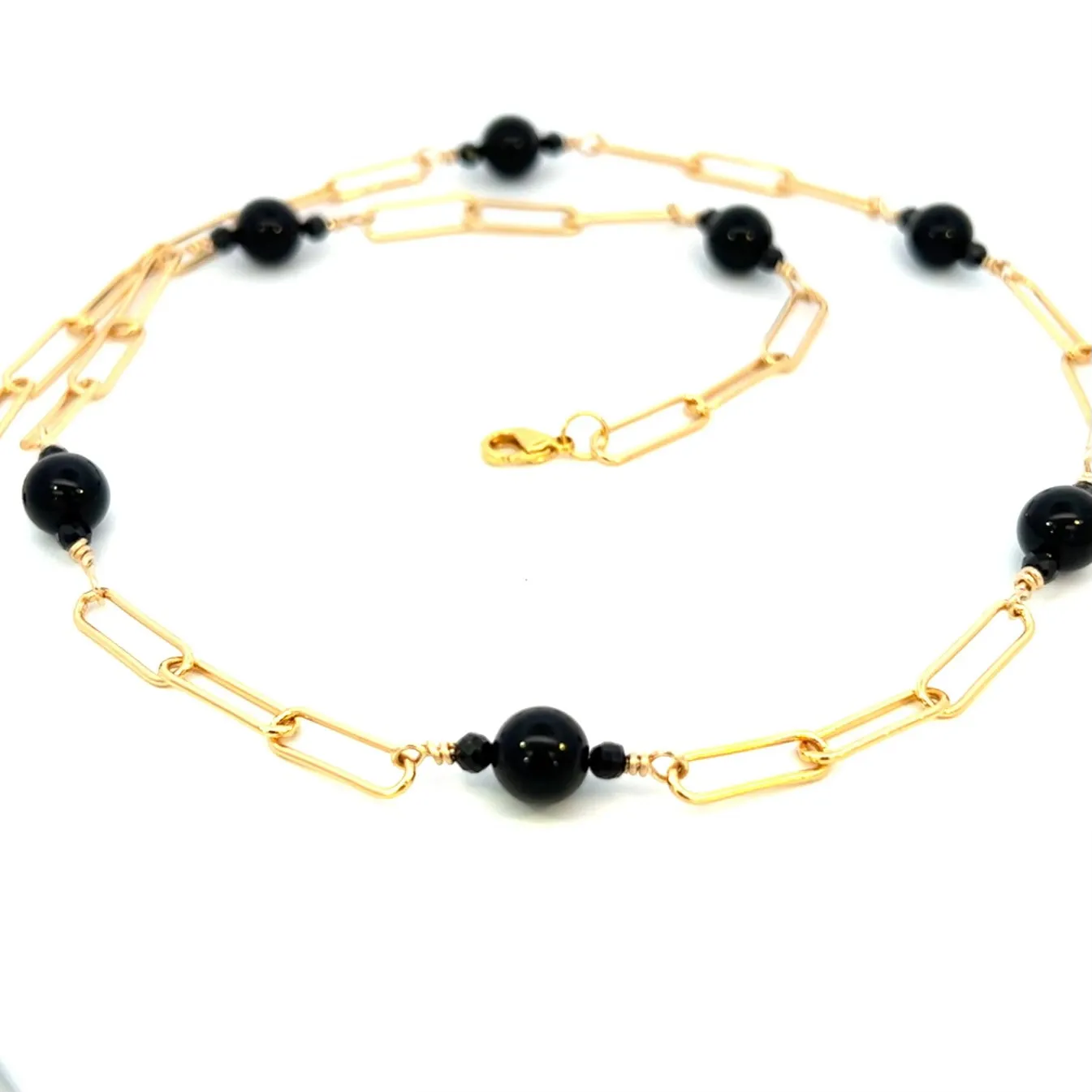 Black Onyx and Black Spinel Paperclip Chain Necklace Gold