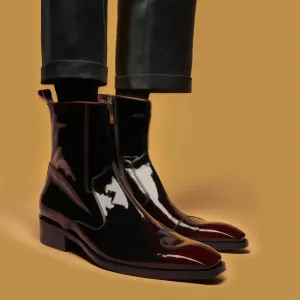 Black Patent Leather Alice Slip On Zipper Boots for Men - Boots