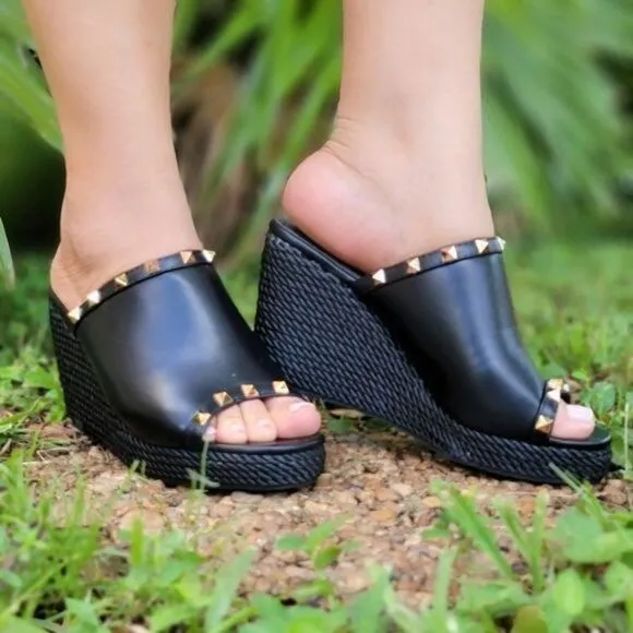 Black Rockstud Rope Espadrilles Wedges Sandals