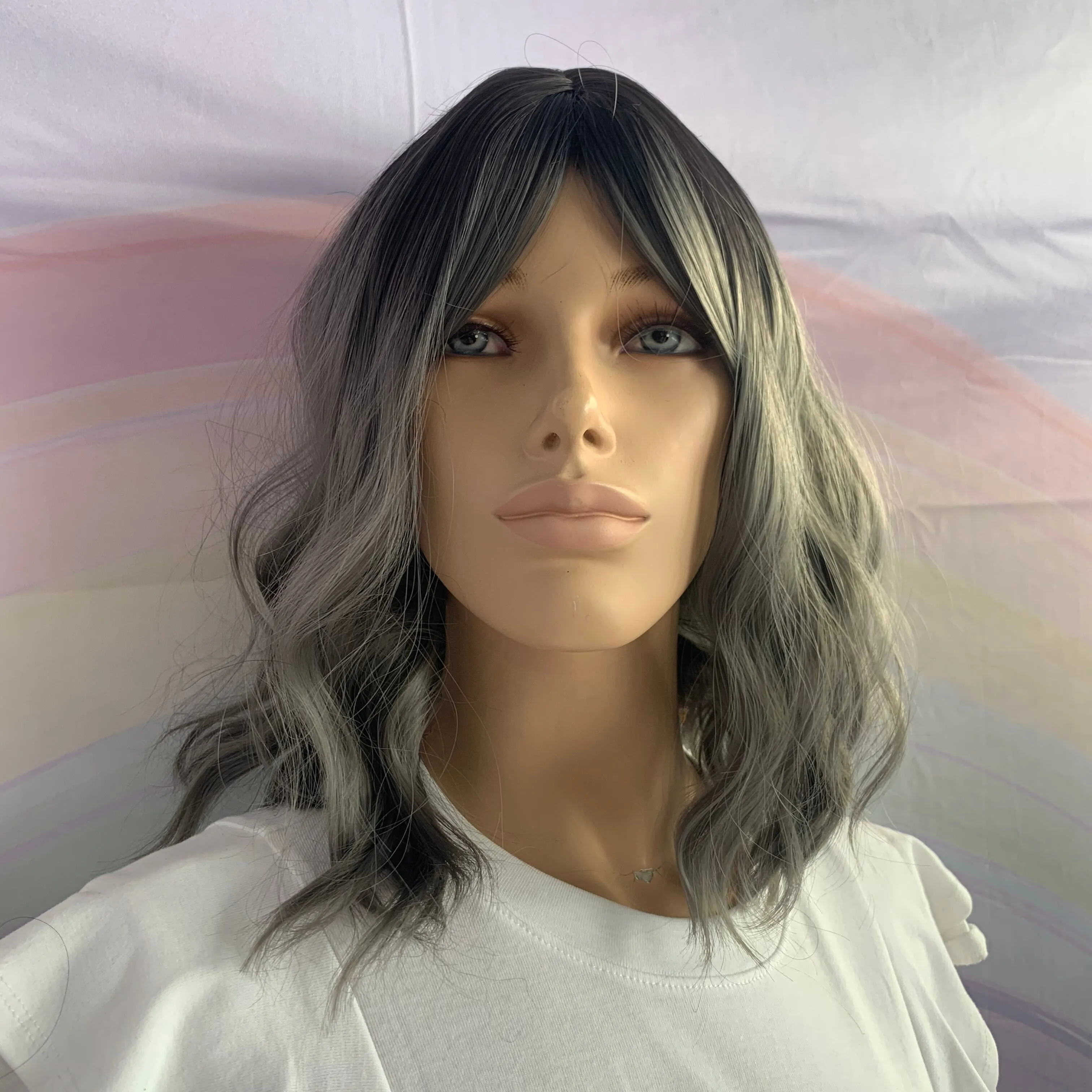 Black to Grey Shoulder Length Loose Wavy Wig