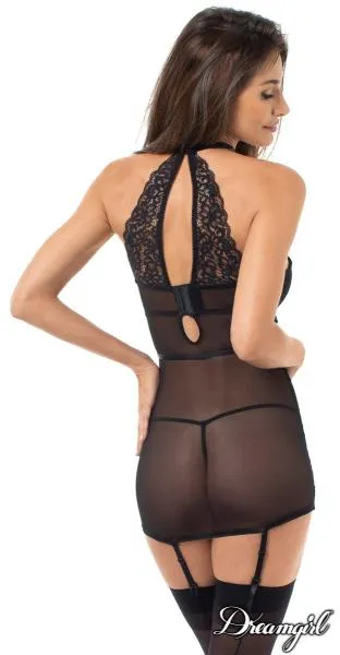 Black - Velvet and Galloon Lace Garter Slip -