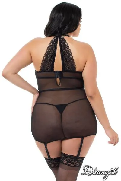 Black - Velvet and Galloon Lace Garter Slip - Size
