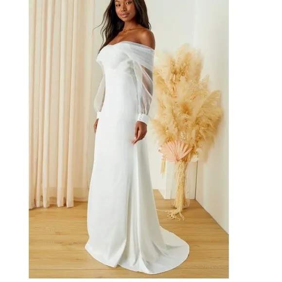 Blissfully Loved White Satin Organza Off-the-Shoulder Maxi Dress Medium NWOT