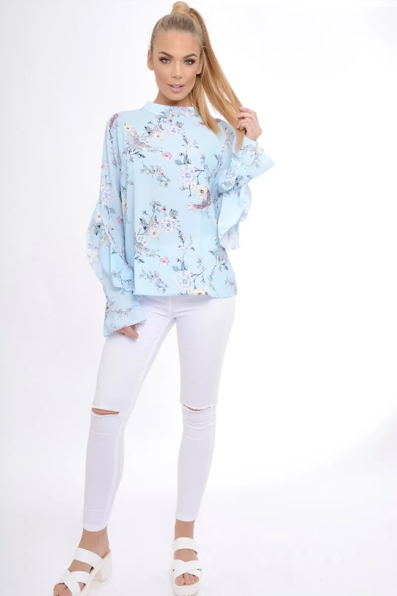 Blue Frill Long Sleeve Top - Lexi