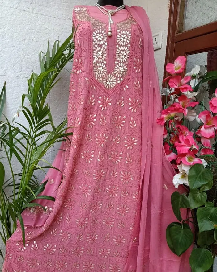Bright Pink Lucknowi Chikankari Gota Salwar Suit Fabric