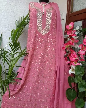 Bright Pink Lucknowi Chikankari Gota Salwar Suit Fabric