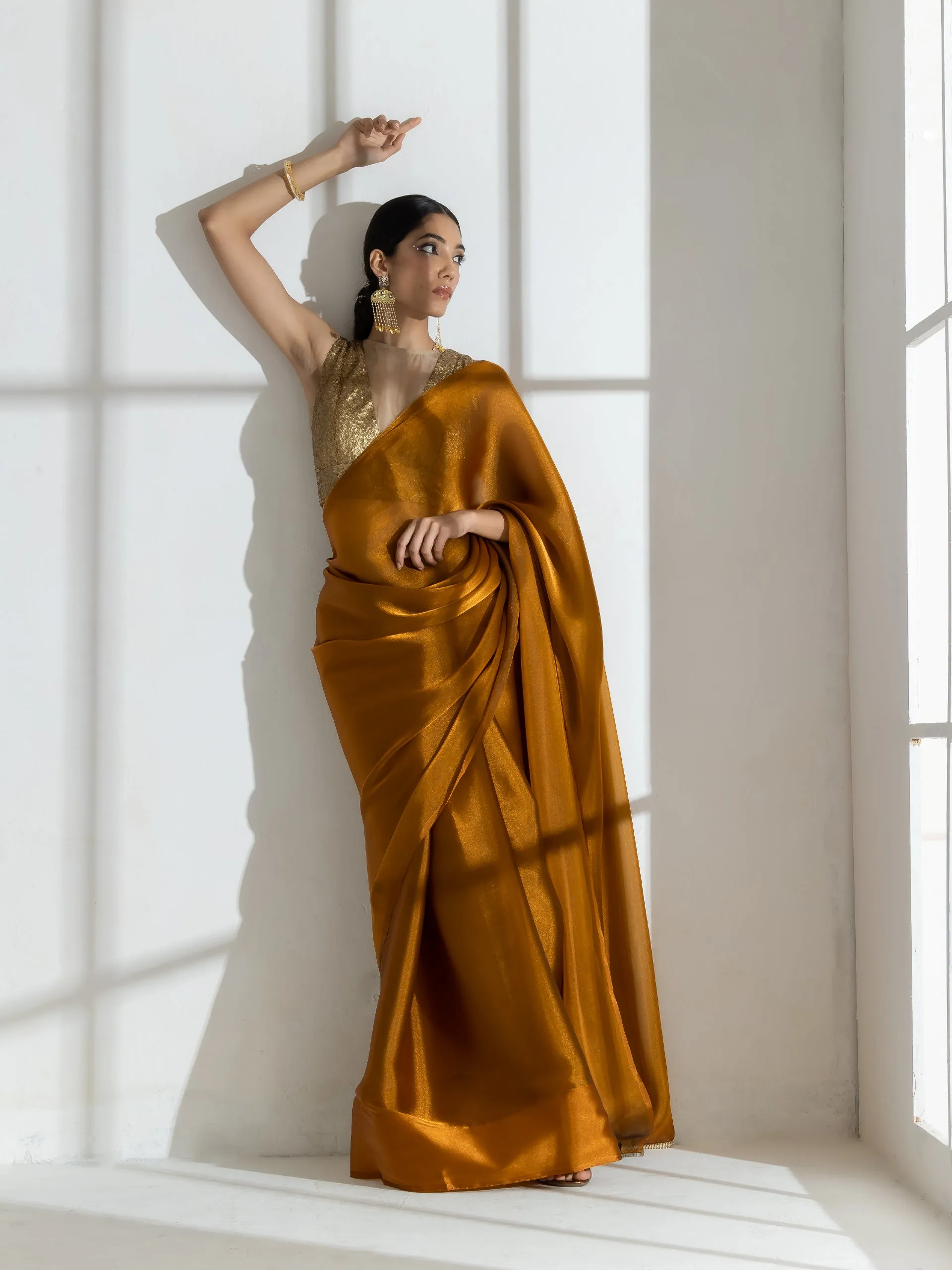 Brushed Bronze Organza Saree with Diamond Lace  & Self Blouse Fabric