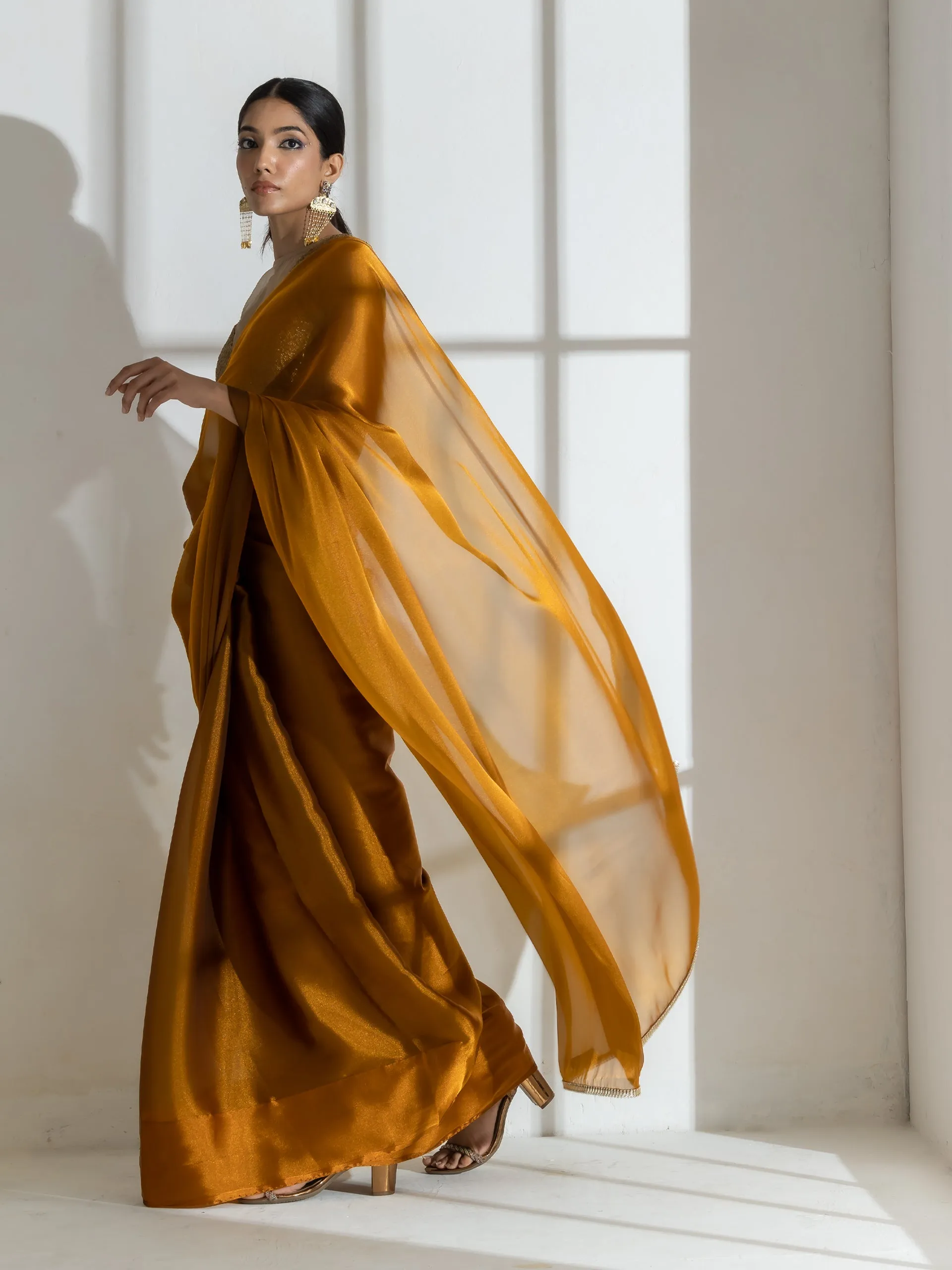 Brushed Bronze Organza Saree with Diamond Lace  & Self Blouse Fabric